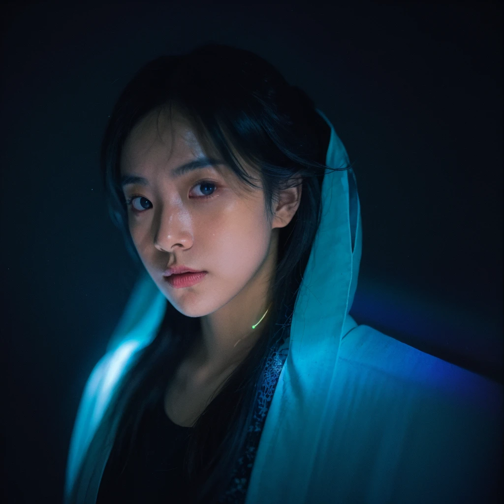 made full portrait unique photography with light and painting. Using Fluorescent materials to form abstract patterns that are implemented on the pretty japanese women face with dynamic pose. Phosphorescent materials store light and release it slowly. glow in the dark, prism rainbow effect, Ultra highly detailed, skin texture, detailed art, neon glow backround, Realistic Portrait by Arnau Mas