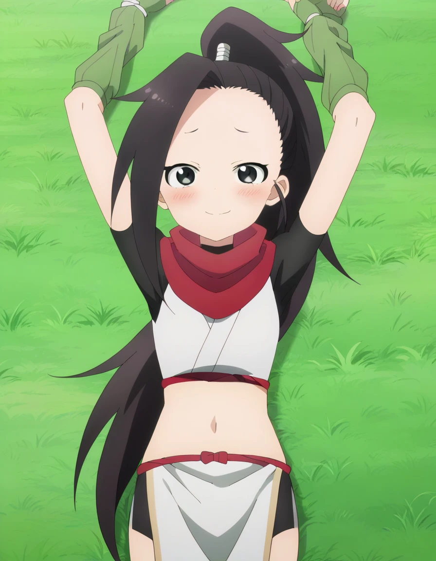  anime coloring, anime screencap, source_anime, anime,uncensored ,BREAK1girl,kunotsubaki, black eyes, black hair, long hair, asymmetrical bangs, forehead, high ponytail, ponytail,shirt, navel, red scarf, scarf short sleeves, pelvic curtain, shorts, green gloves, arm warmers, fingerless gloves,  BREAK, high quality, solo, lying, on back, arms up, outstretched arms, closed mouth, on grass, (cowboy shot:1.5), looking at viewer, nervous, smile, best quality, blushing, center,