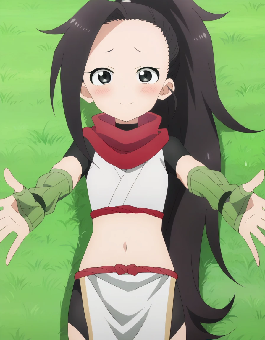  anime coloring, anime screencap, source_anime, anime,uncensored ,BREAK1girl,kunotsubaki, black eyes, black hair, long hair, asymmetrical bangs, forehead, high ponytail, ponytail,shirt, navel, red scarf, scarf short sleeves, pelvic curtain, shorts, green gloves, arm warmers, fingerless gloves,  BREAK, high quality, solo, lying, on back, arms up, outstretched arms, closed mouth, on grass, (cowboy shot:1.5), looking at viewer, nervous, smile, best quality, blushing, center,