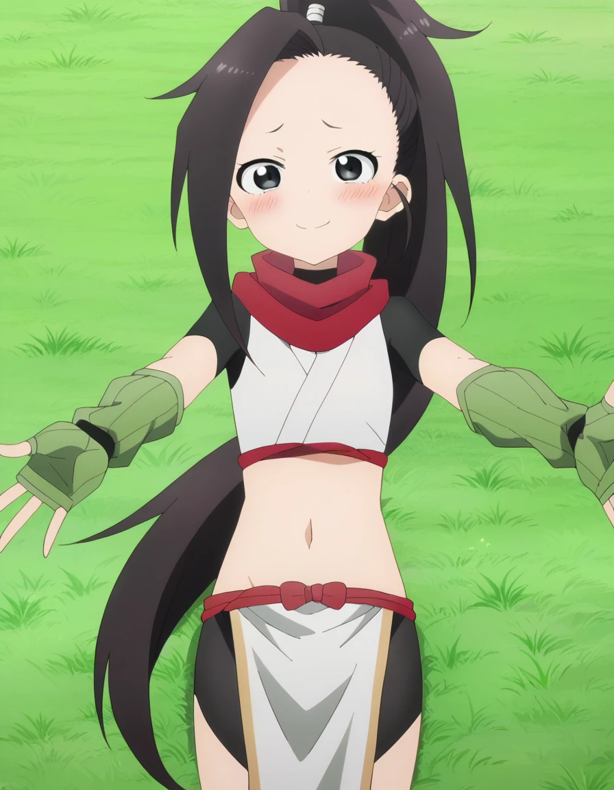  anime coloring, anime screencap, source_anime, anime,uncensored ,BREAK1girl,kunotsubaki, black eyes, black hair, long hair, asymmetrical bangs, forehead, high ponytail, ponytail,shirt, navel, red scarf, scarf short sleeves, pelvic curtain, shorts, green gloves, arm warmers, fingerless gloves,  BREAK, high quality, solo, lying, on back, arms up, outstretched arms, closed mouth, on grass, (cowboy shot:1.5), looking at viewer, nervous, smile, best quality, blushing, center,