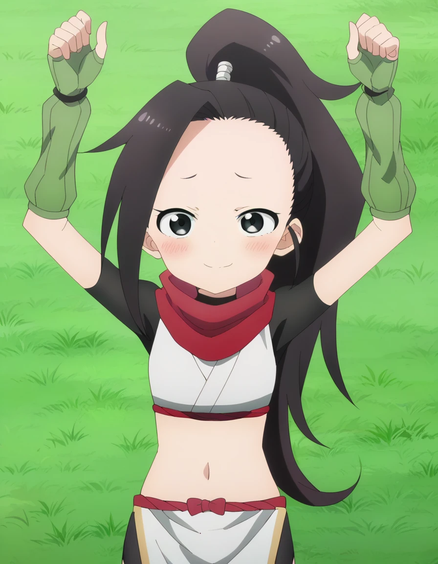 anime coloring, anime screencap, source_anime, anime,uncensored ,BREAK1girl,kunotsubaki, black eyes, black hair, long hair, asymmetrical bangs, forehead, high ponytail, ponytail,shirt, navel, red scarf, scarf short sleeves, pelvic curtain, shorts, green gloves, arm warmers, fingerless gloves, BREAK, high quality, solo, lying, on back, arms up, spread arms, closed mouth, on grass, (cowboy shot:1.5), looking at viewer, nervous, smile, best quality, blushing, center,