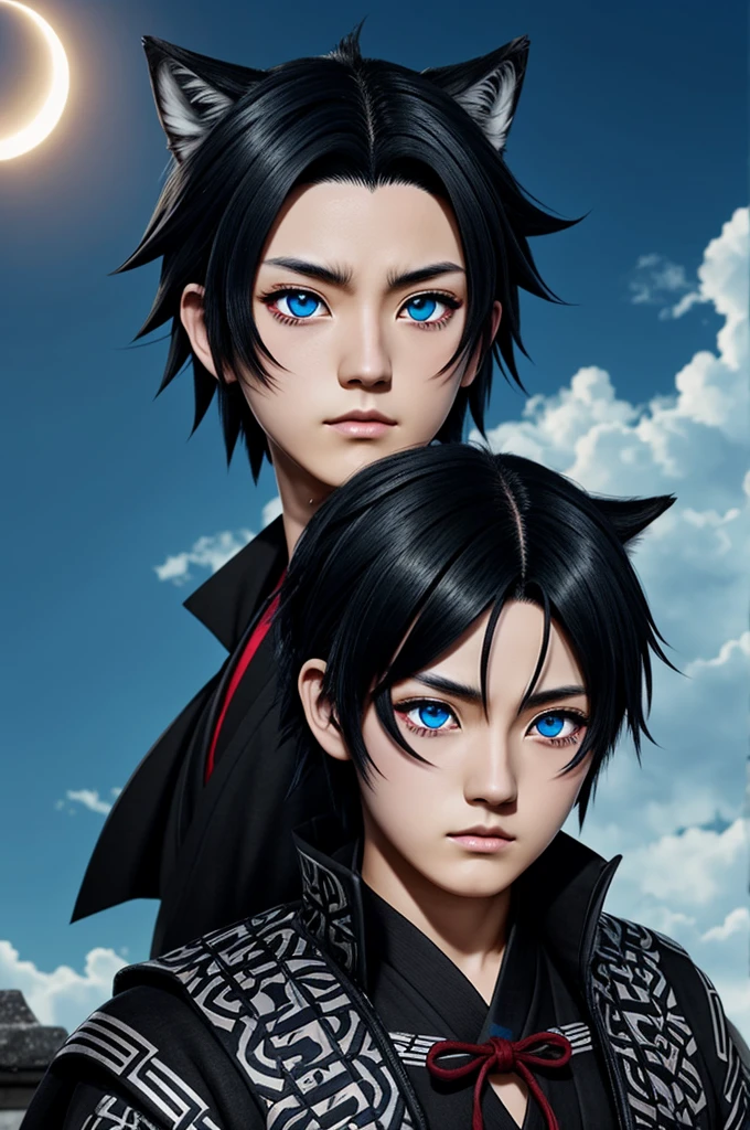 Kimetsu no yaiba character with black hair and wolf cut, with blue eyes and a cold look wearing a black haori with an eclipse design