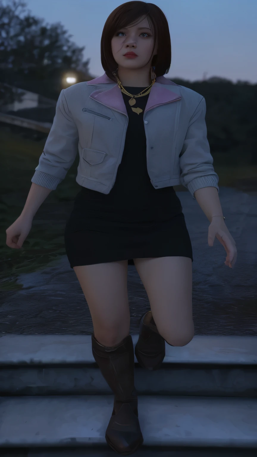 Arafa woman in short dress and jacket walking down a flight of stairs, hyper-detailed full-body photo, soft little details, cinematic detail, close up to a skinny, in clothes! highy detailed, realistic clothing, cinematic clothing photo, Slender girl, hints of yayoi kasuma, detailed clothing, high texture detail), 2b, 2b