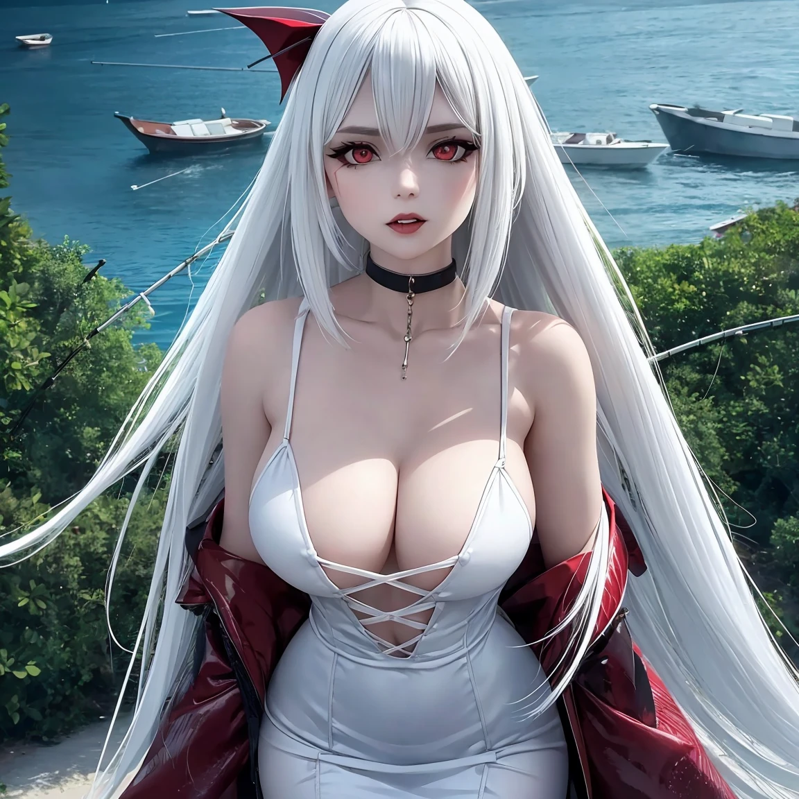 female vampire, vampire fangs, (White hair), (tight dress), (masterpiece), (on her knees), (without a condom), (long hair), Perfect body, (fishing nets:1.3), (ultra realistic eyes), (detailed face), sharp focus, Unreal engine 5, Octane render, (Cinematic lighting), 8 k, RAW, unedited, Symmetrical balance, in frame, symmetrical face, symmetrical body, symmetrical hands.