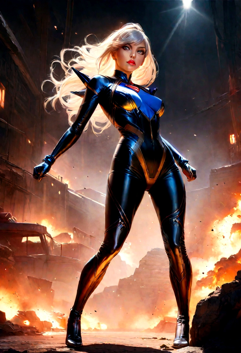 one woman, lady gaga, wearing supergirl queen cyber suit, detailed visible face, full body, high quality, photorealistic, 8k, hyper detailed, hyper realistic, dramatic lighting, cinematic, studio lighting, dynamic pose, confident expression, advanced digital painting , concept art, digital art, vibrant colors, sharp focus, beautiful detailed eyes, beautiful detailed lips, extremely detailed face, long eyelashes, intricate details, flawless skin, masterpiece, explosions and fire background