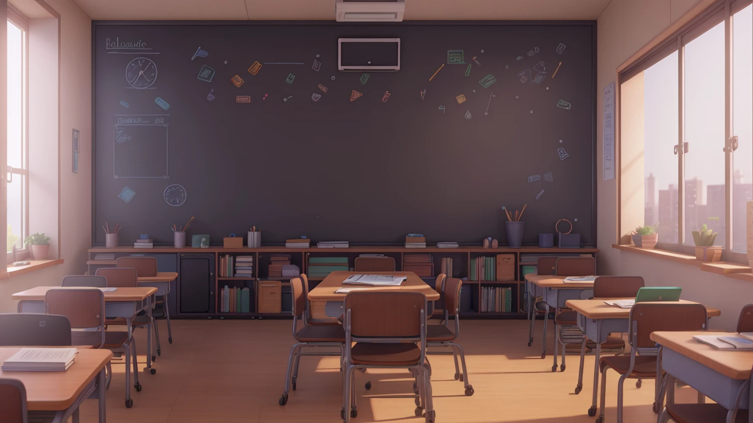detailed classroom interior, chalkboard, computer monitor, desks, chairs, textbooks, school supplies, natural lighting, clean and organized, photorealistic, octane render, 8k, detailed textures, warm color tones, studio lighting, cinematic composition, masterpiece