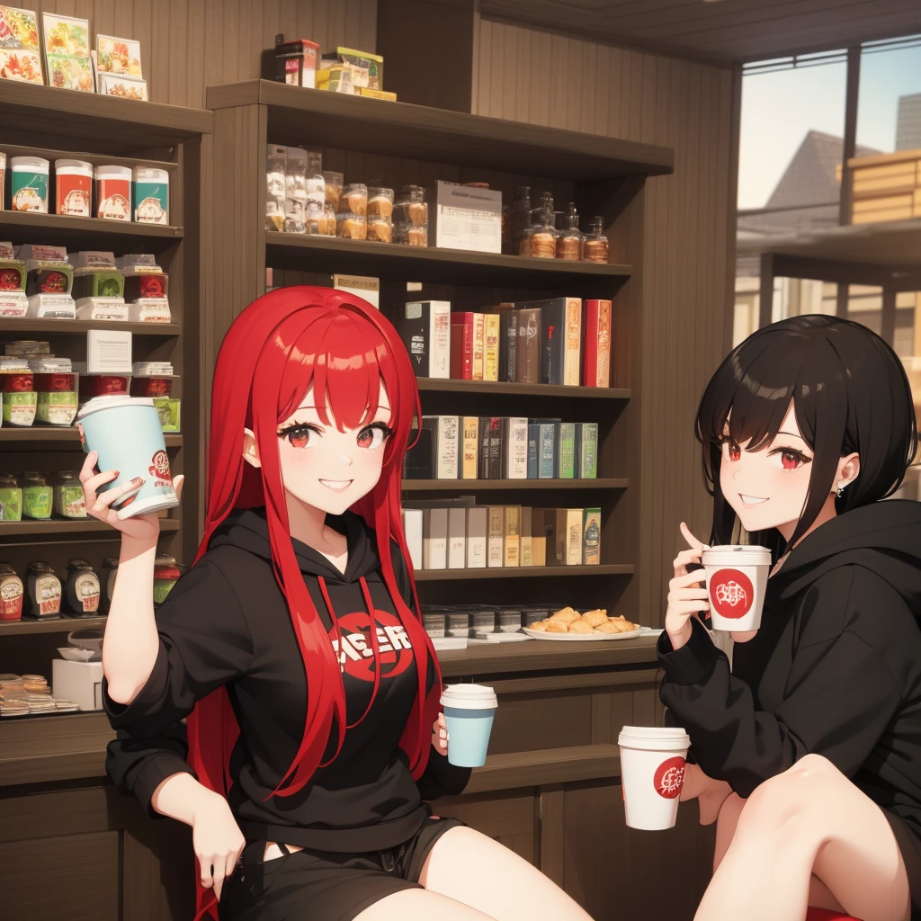 Pretty asian woman, bright red hair, black shorts and a green hoodie, cute, sitting in a big chair. Anime style, coffee shop environment, pretty smile