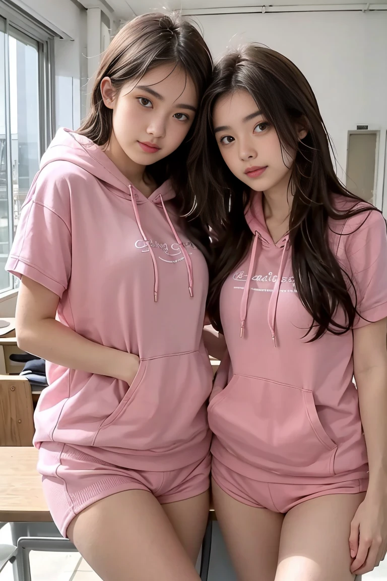 deux femmes ensemble de 18 ans sexy et mince , pink short sleeve hoodie , salle de classe, se touche,position sey,sensuel