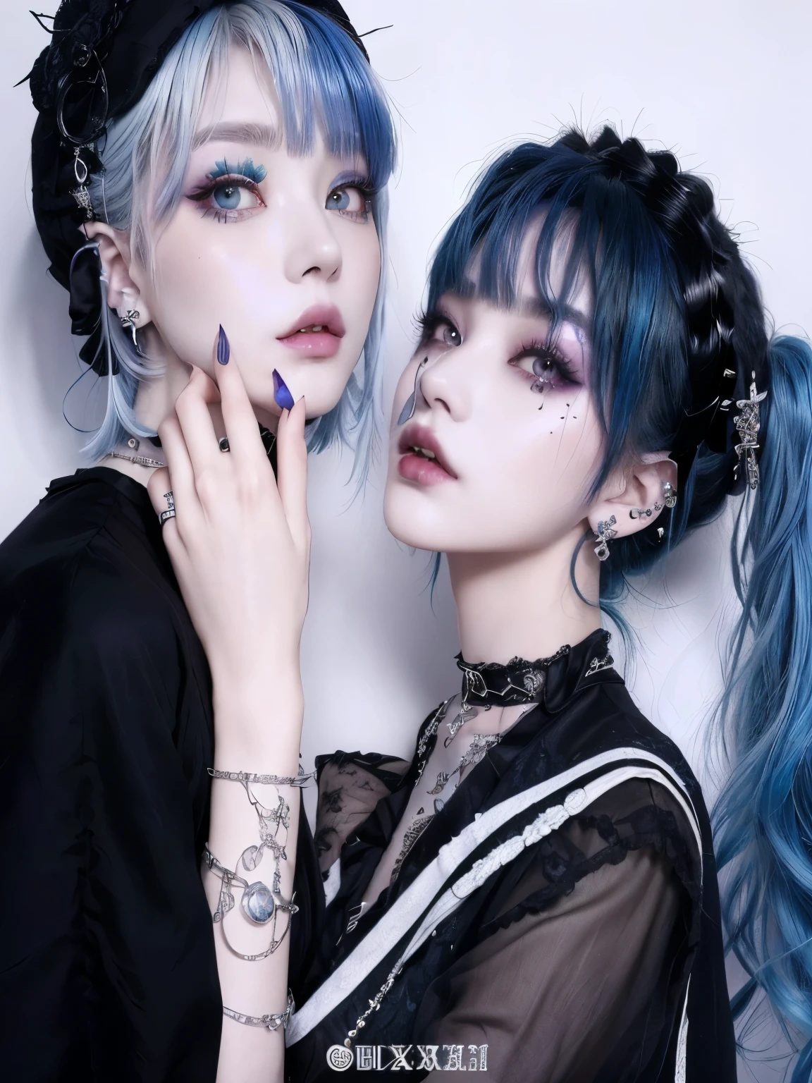 Two women with blue hair and piercings posing for a photo., ulzzang, gothic aesthetic, cai xukun, gothic girl aesthetic, pastel gothic aesthetic, silver color, nixeu and sakimichan, with the same hairstyle, They are pixivs and junji, gothic aesthetic, darkwave gothic aesthetic, wicked ulzzang, by harajuku