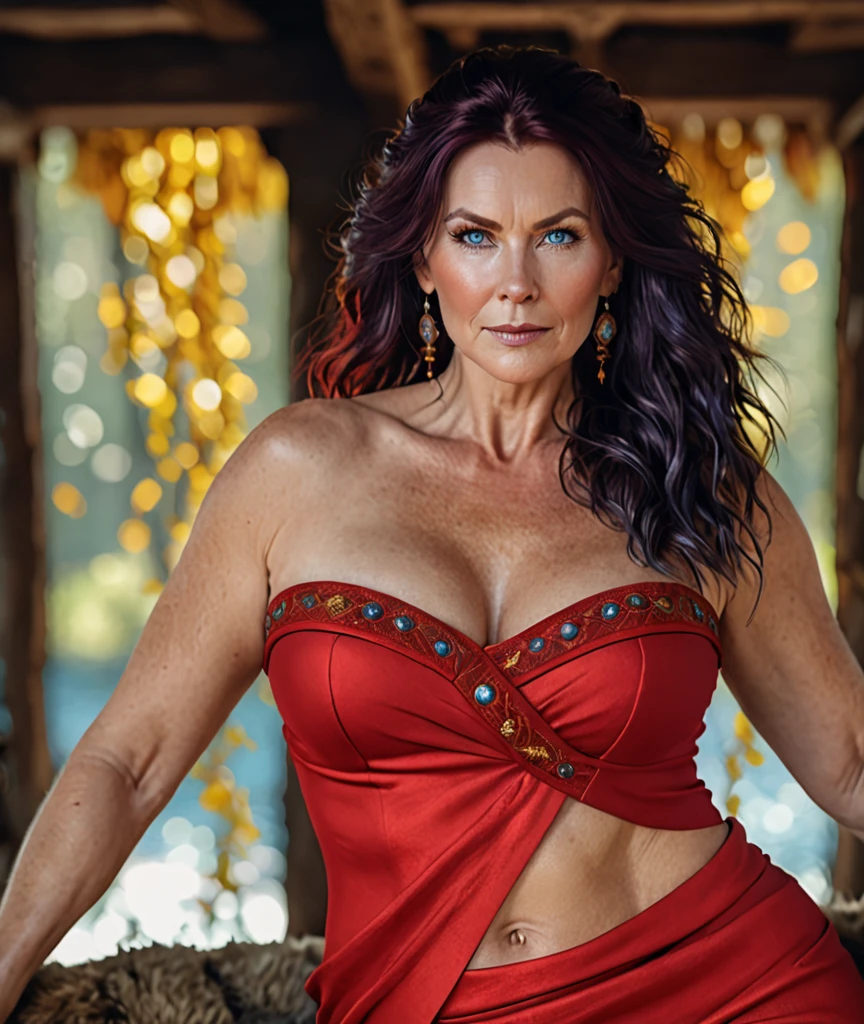 Full body Portrait of the Great Nordic Queen, a very gorgeous woman, 50 years old, thick healthy body, erotic warrior costumes, dark red styled fluffy hair, natural Blue eyes, a nose with a bump, an elongated chin, dressed in ancient national, attractive figure, captivating beauty,
8k resolution, dynamic lighting hyperdetailed intricately detailed Splash art trending on Artstation triadic colors Unreal Engine 5 volumetric lighting, oil painting, heavy strokes