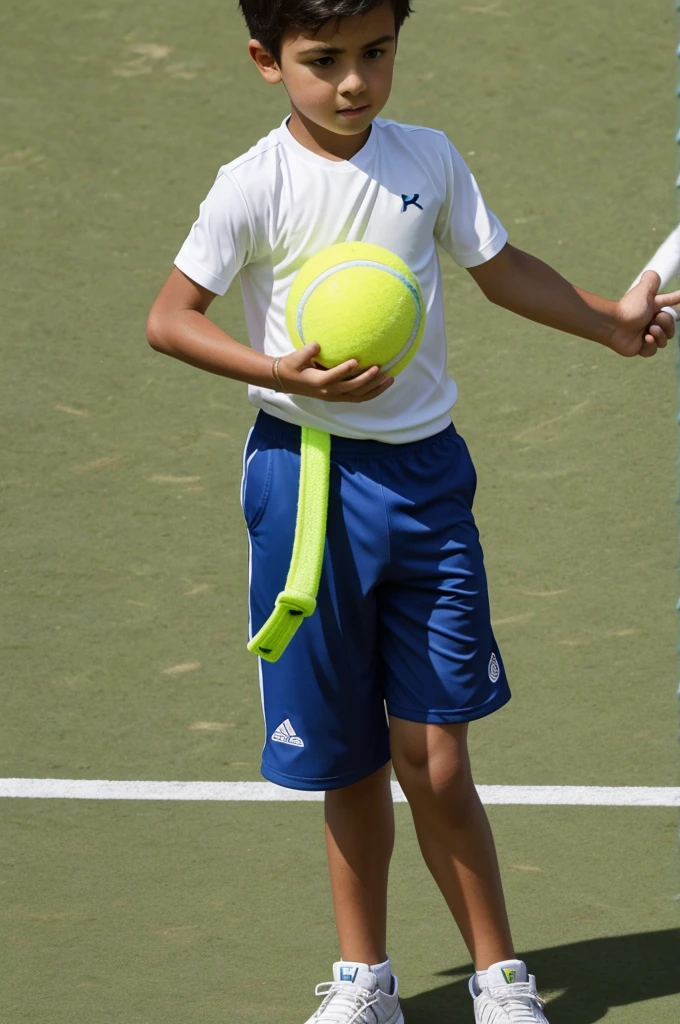 A boy standing holding the tennis ball in his right arm and the stopwatch in his left arm