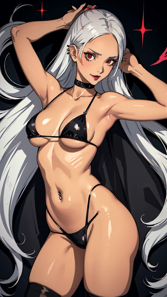 1girl, evil smile, red eyes, long hair, forehead, white hair, black choker, belly, medium breast, extreme micro bikini, black lipstick, black lipstick ear piercings, cowboy shot, armpits, lying bust up shot, thicc legs, wheatskin, loose hair, stockings