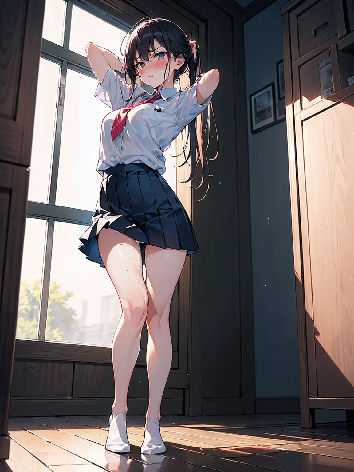 (((((Dildo on the floor:1.5, standing, spread legs:1.5, Point your knees outwards:1.5 ) behind head, spread legs, Push your hips forward,pussy juice , Voluptuous body, Slut、No pants, (Dildo on the floor, standing, spread,arms behind head, Point your knees outwards:1.5, Sweat,)))), Realistic composition, Doujinshi scene,, Big Thighs, Pleated skirt, White Shirt, Angry face, blush, from below, no panty