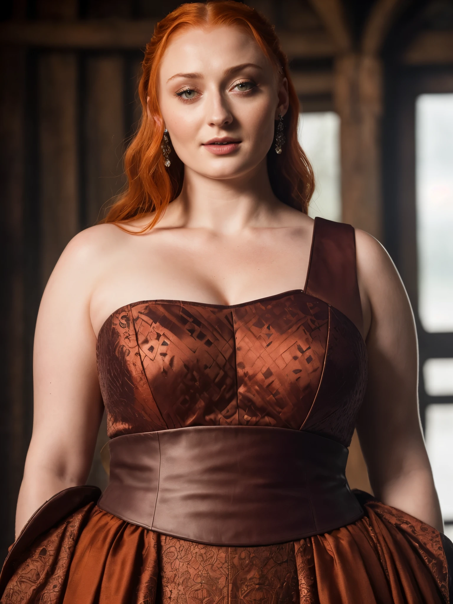 Face of Sophie Turner, Sansa Stark played by Sophie Turner, the de facto Lady of the Eyrie, is a 50-year-old mature queen with a stunning, alluring appearance. Full Face, Full figured woman, pierced eyes, reddish lips, upper body shot, ?????? Mediaeval costumes, game of thrones costumes, She wears a Game of Thrones-inspired costume and has a deep cleavage, a perfect thick body, and a perfect thick figure. The photograph captures her in a close-up, with her skin texture and facial features being ultra-realistic and realistic. Juicy thick figure, high quality skin, Skin pores, amazing details, snow, snow flakes, semi realistic, extremely detailed eyes, dark moody orange and black settings, cool environment, artificial intelligence