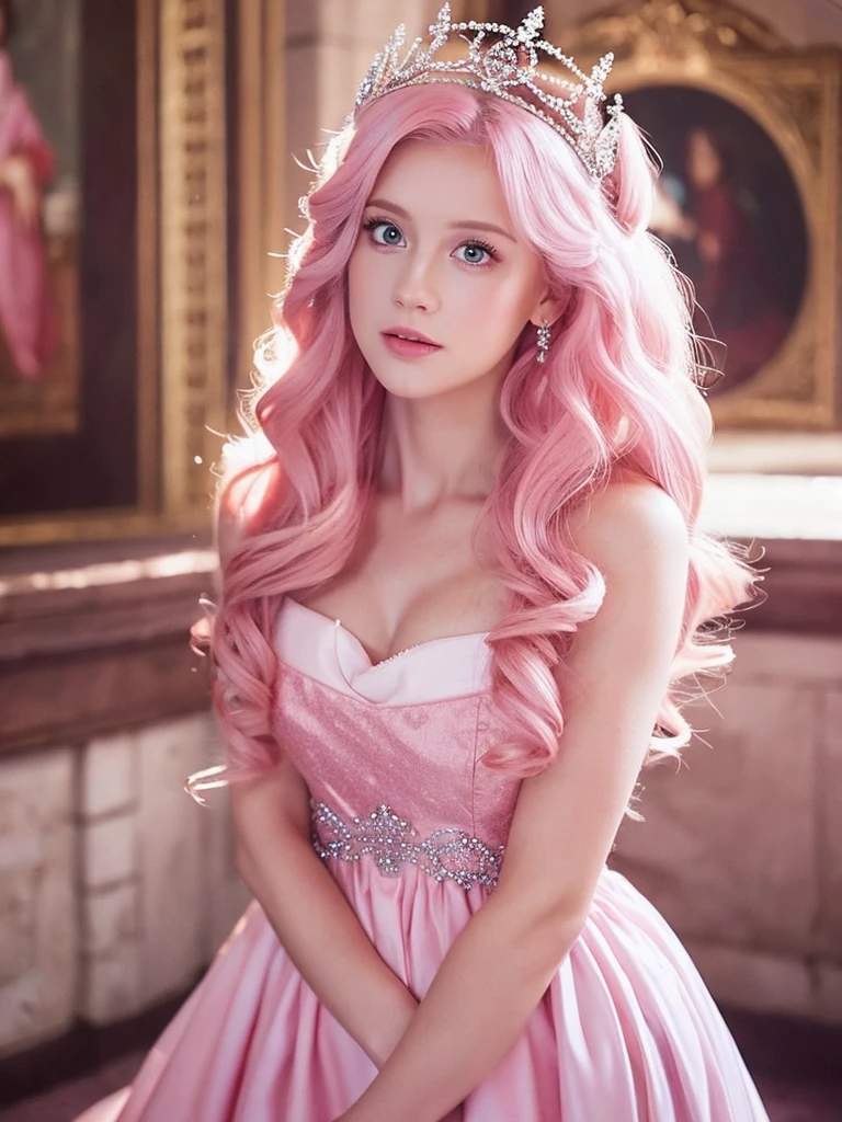 I want a cinematic with a beautiful, white woman with long pink hair, her eyes are pink and beautiful, she is wearing a pink dress and a crown inside a castle 