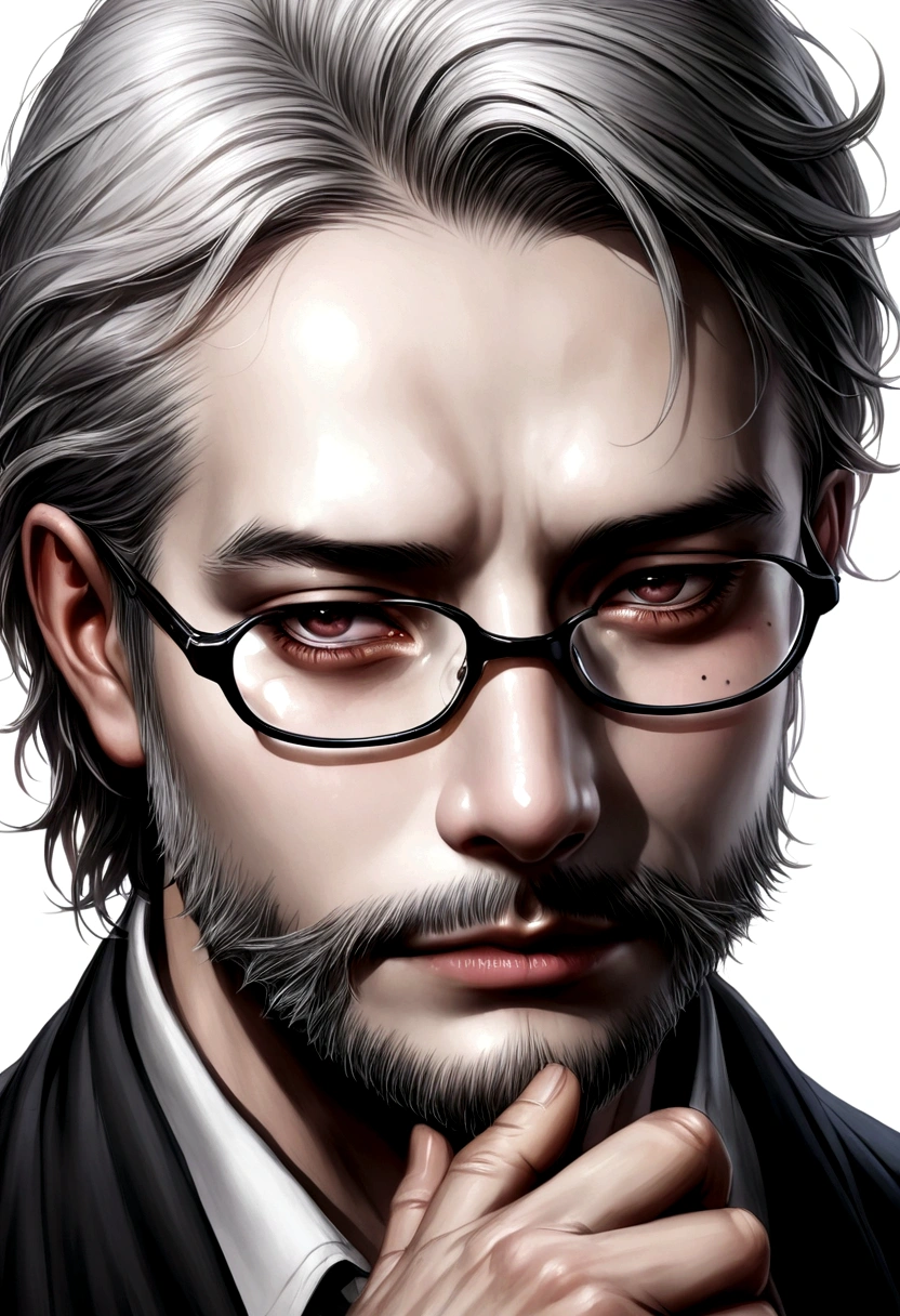A man in his mid 20 with a small mole in left side of his face close to his nose and small beard and using eyeglasses