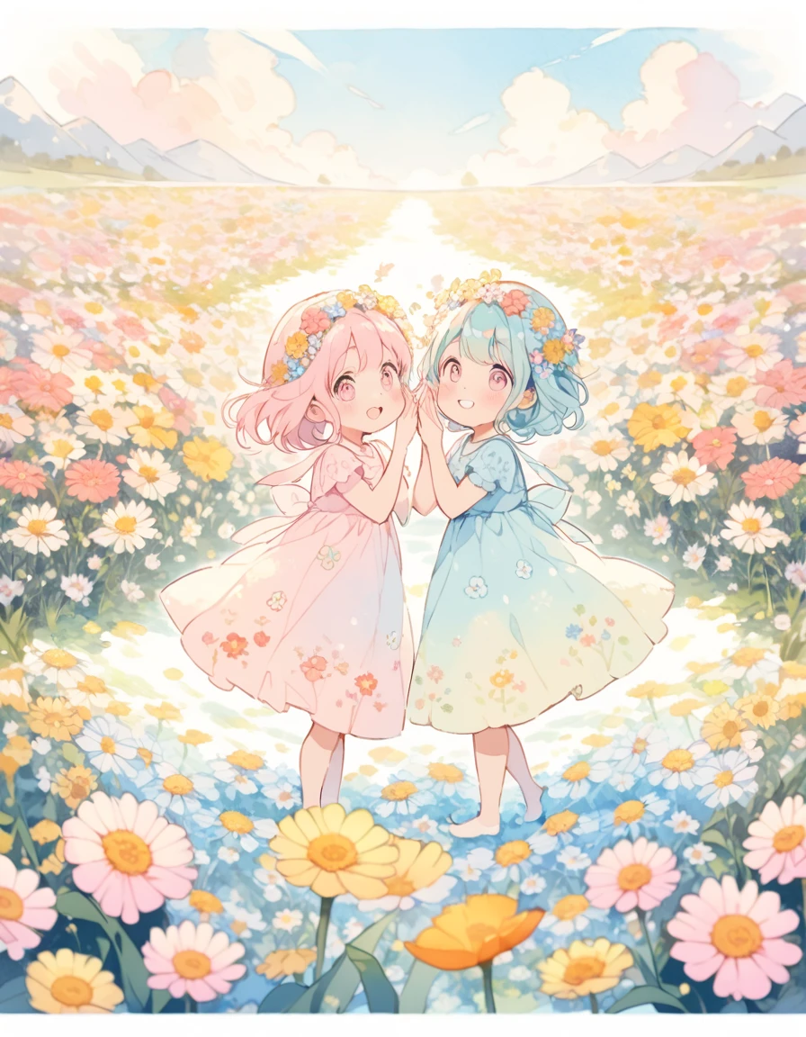 Boys and Girls, Bring your cheeks together, ((Flower Field, pastel colour)), Lakeside, content:watercolor. style:Whimsical and delicate, Like a children's illustration'Books.