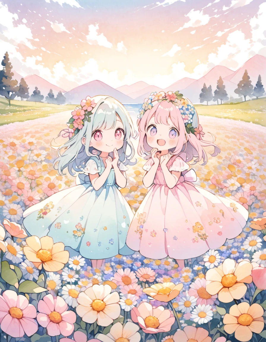 Boys and Girls, Bring your cheeks together, ((Flower Field, pastel colour)), Lakeside, content:watercolor. style:Whimsical and delicate, Like a children&#39;s illustration&#39;Books.