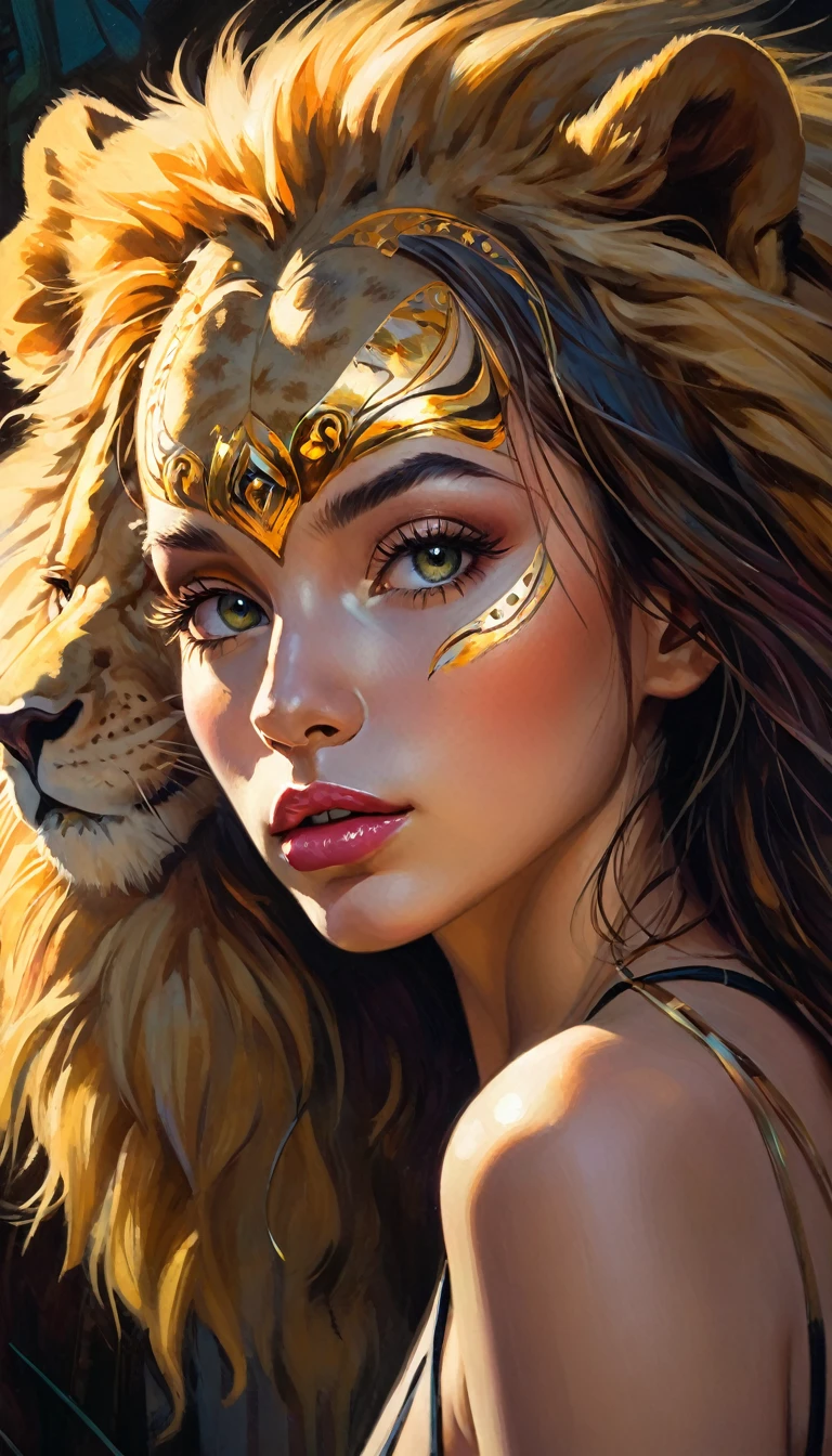 sexy girl and lion, , artwork inspired by Bill Sienkiewicz, vivid colors, intricate details, oil. (best quality,4k,8k,highres,masterpiece:1.2),ultra-detailed,(realistic,photorealistic,photo-realistic:1.37),intricate details,vivid colors,sharp focus,professional,Dave McKean artwork, oil touch of surrealism,oil painting style,portrait,woman,beautiful detailed eyes,beautiful detailed lips,dreamlike atmosphere,shadow play,soft lighting,playful pose, sexy girl and lion
