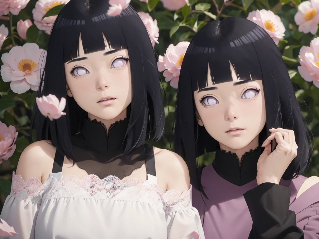 Black lingiere,Hinata\(Boruto\), 1girll, Solo,Mature female, Off-the-shoulder lace shirt, When looking at the camera, (Falling petals), Perfectcomposition, Detailed lips, big breast, Beautiful face, body propotion, Blush, (Pink lips), Long hair, Purple eyes, Soft gaze, Super realistic, Detailed, photoshoot, Realistick faces