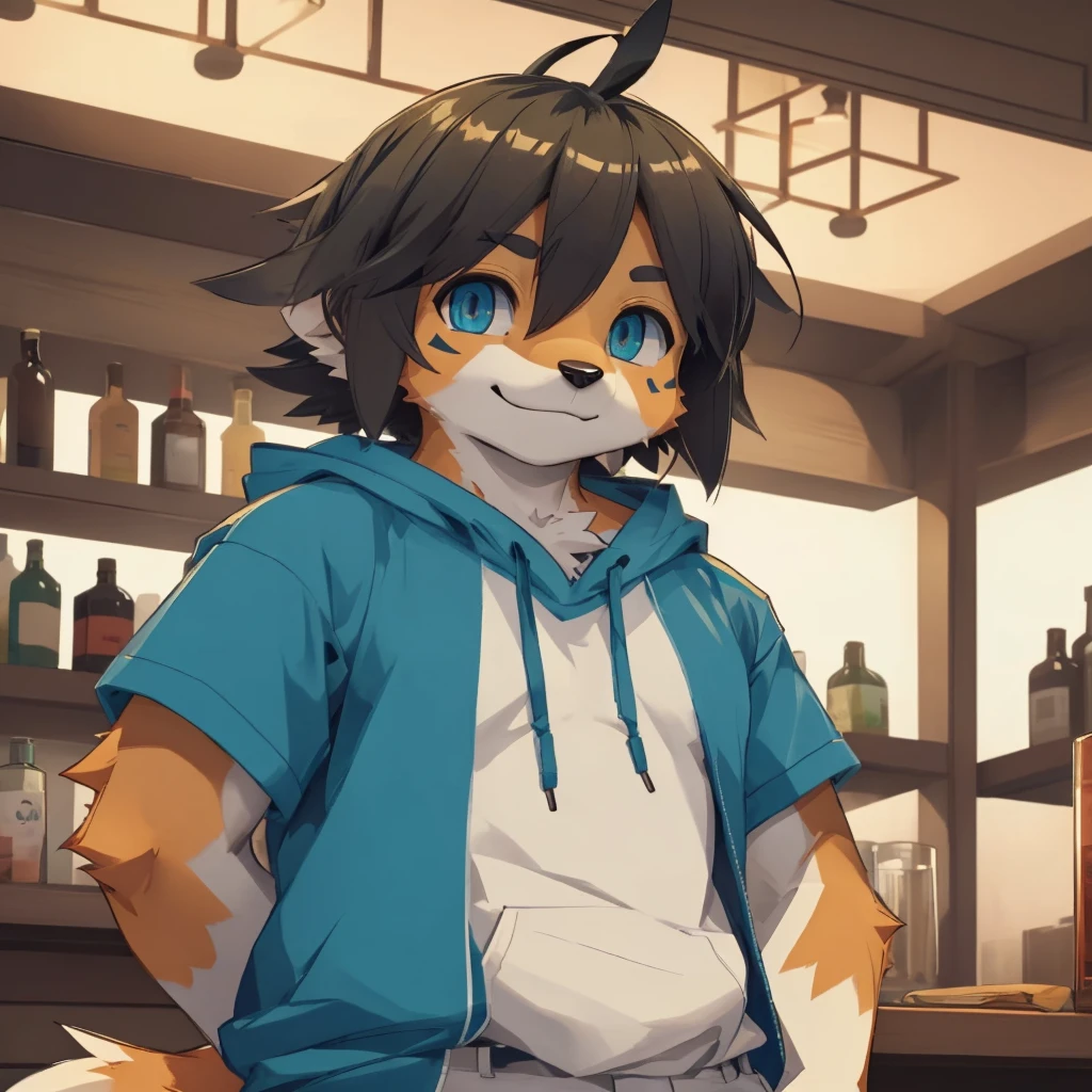 (((detailed eyes, detailed face))), (furry, shun two-tone fur, short hair, ahoge, dog boy, snout), male, (solo), (plump), (blue hoodie, short sleeves, brown cropped pants), standing, (arms behind back), smile BREAK (konzaburou, ukan_muri, cute), bedroom, (flat shading, flat color, high brightness), 8k, UHD, masterpiece, (full body), Bar Background



