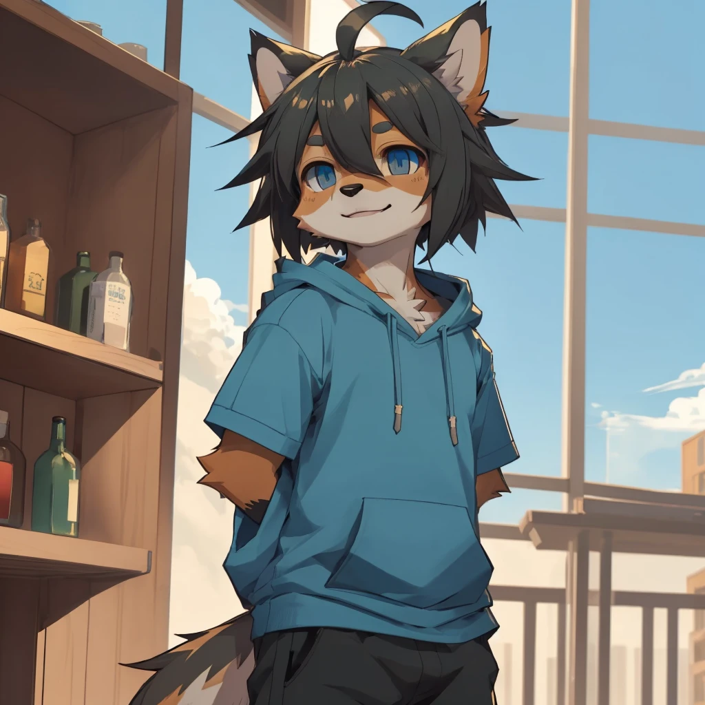 (((detailed eyes, detailed face))), (furry, shun two-tone fur, short hair, ahoge, dog boy, snout), male, (solo), (plump), (blue hoodie, short sleeves, brown cropped pants), standing, (arms behind back), smile BREAK (konzaburou, ukan_muri, cute), bedroom, (flat shading, flat color, high brightness), 8k, UHD, masterpiece, (full body), Bar Background



