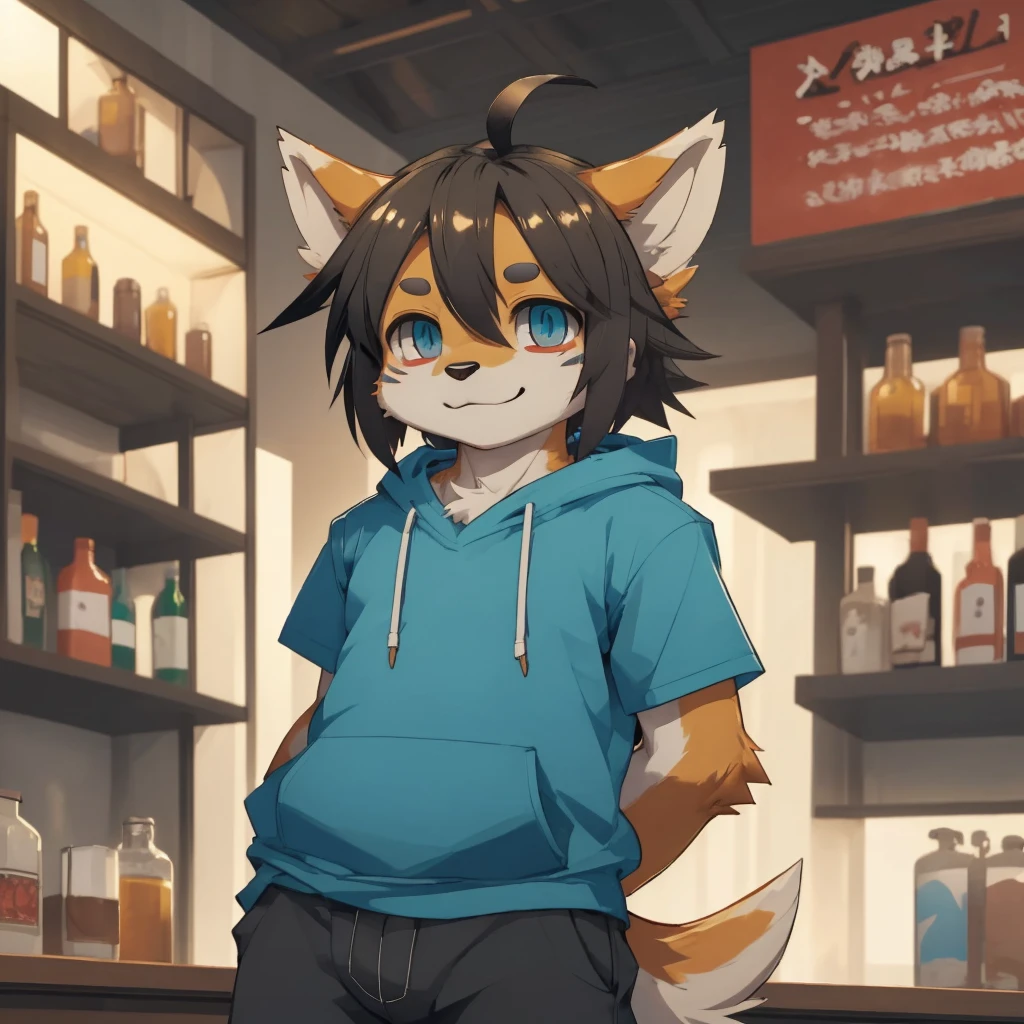 (((detailed eyes, detailed face))), (furry, shun two-tone fur, short hair, ahoge, dog boy, snout), male, (solo), (plump), (blue hoodie, short sleeves, brown cropped pants), standing, (arms behind back), smile BREAK (konzaburou, ukan_muri, cute), bedroom, (flat shading, flat color, high brightness), 8k, UHD, masterpiece, (full body), Bar Background



