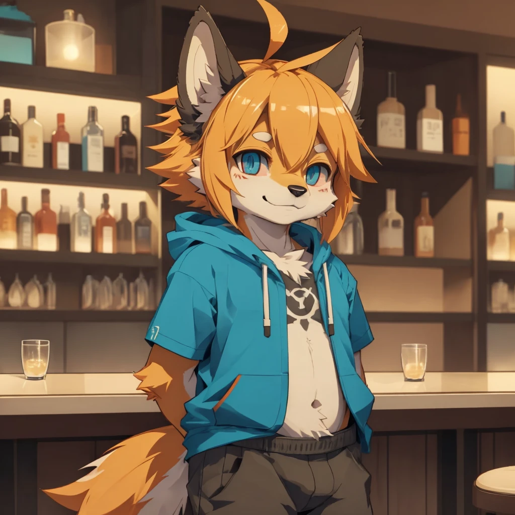 (((detailed eyes, detailed face))), (furry, shun two-tone fur, short hair, ahoge, dog boy, snout), male, (solo), (plump), (blue hoodie, short sleeves, brown cropped pants), standing, (arms behind back), smile BREAK (konzaburou, ukan_muri, cute), bedroom, (flat shading, flat color, high brightness), 8k, UHD, masterpiece, (full body), Bar Background



