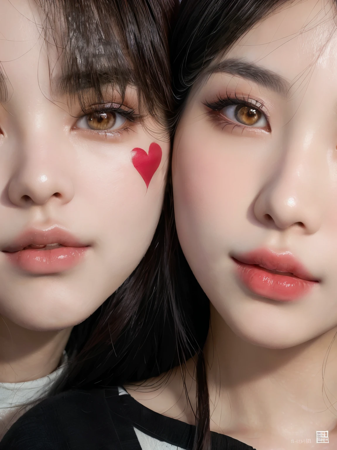There are two Asian women with hearts painted on their faces., small heart shaped face, they both have red lips, South Korean popular makeup, heart shaped face, beautiful aesthetic faces, heart shaped face, heart shaped face, ulzzang, Popular Korean makeup, Korean face features, full heart shaped face, eyes and lips, beautiful and realistic faces