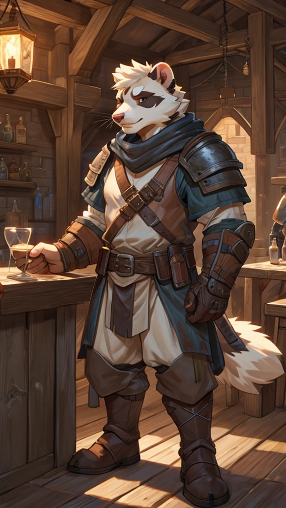 A creamy white male furry ferret stands in a medieval tavern and wears bounty hunter armor