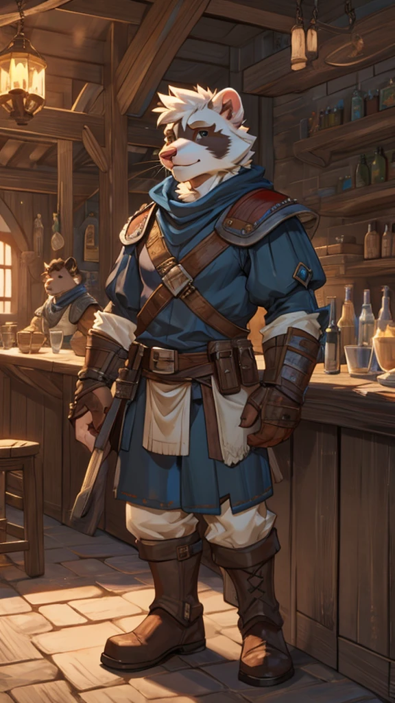 A creamy white male furry ferret stands in a medieval tavern and wears bounty hunter armor
