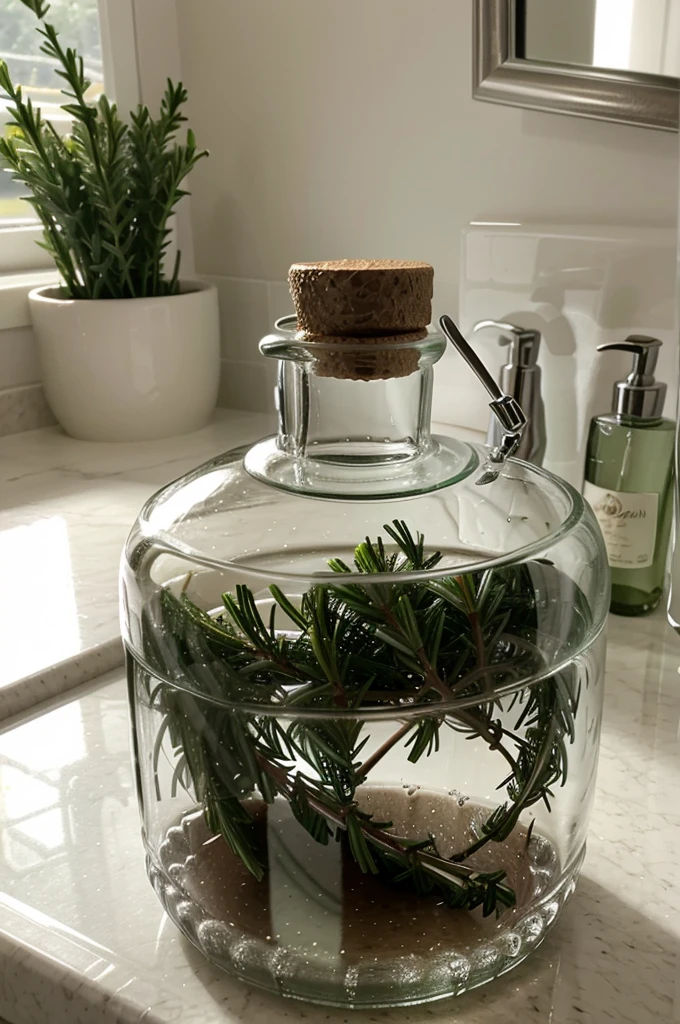 image of Rosemary leaf's in a glass bottle on a bathroom sink