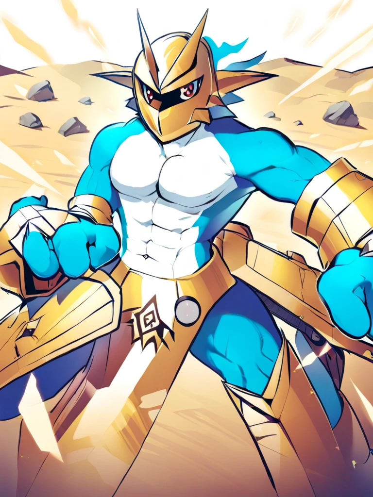 solo,Magnamon,tall, blue and white skin,(battle damaged:1.5),(topless Magnamon:2),(armor fragments:1.5),(shirtless:1.5), fighting_stance, in desert ,full_shot