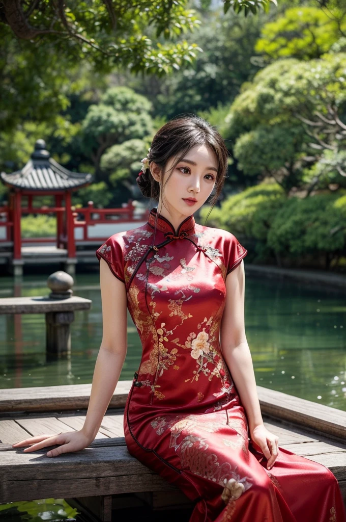 Create a highly detailed and elegant Cheongsam (Qipao) design. The dress should feature intricate floral embroidery, traditional Chinese patterns, and a high collar. The fabric should be silky and glossy, with a rich, deep red color that symbolizes good fortune. Add gold accents and trim to enhance the luxurious feel. The Cheongsam should be form-fitting, highlighting the wearer's figure gracefully, with side slits for ease of movement. Include delicate buttons along the side and an overall sophisticated, timeless look.
Place the model wearing the Cheongsam in a beautiful background setting. The background should feature a traditional Chinese garden with blooming cherry blossoms, a tranquil pond with koi fish, and a graceful arched bridge. Add elements like lanterns hanging from trees and a pagoda in the distance to complete the scene. Ensure the lighting is soft and warm, creating a serene and enchanting atmosphere.