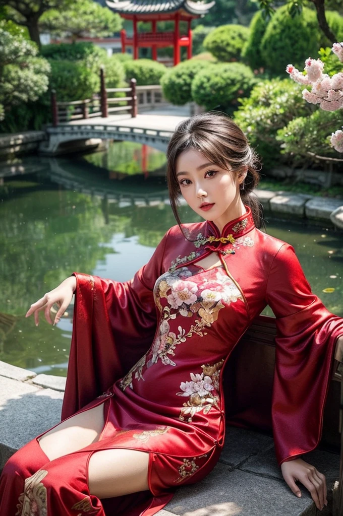 Create a highly detailed and elegant Cheongsam (Qipao) design. The dress should feature intricate floral embroidery, traditional Chinese patterns, and a high collar. The fabric should be silky and glossy, with a rich, deep red color that symbolizes good fortune. Add gold accents and trim to enhance the luxurious feel. The Cheongsam should be form-fitting, highlighting the wearer's figure gracefully, with side slits for ease of movement. Include delicate buttons along the side and an overall sophisticated, timeless look. 

Place the model wearing the Cheongsam in a beautiful background setting. The background should feature a traditional Chinese garden with blooming cherry blossoms, a tranquil pond with koi fish, and a graceful arched bridge. Add elements like lanterns hanging from trees and a pagoda in the distance to complete the scene. Ensure the lighting is soft and warm, creating a serene and enchanting atmosphere.
