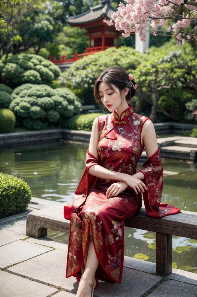 Create a highly detailed and elegant Cheongsam (Qipao) design. The dress should feature intricate floral embroidery, traditional Chinese patterns, and a high collar. The fabric should be silky and glossy, with a rich, deep red color that symbolizes good fortune. Add gold accents and trim to enhance the luxurious feel. The Cheongsam should be form-fitting, highlighting the wearer's figure gracefully, with side slits for ease of movement. Include delicate buttons along the side and an overall sophisticated, timeless look.
Place the model wearing the Cheongsam in a beautiful background setting. The background should feature a traditional Chinese garden with blooming cherry blossoms, a tranquil pond with koi fish, and a graceful arched bridge. Add elements like lanterns hanging from trees and a pagoda in the distance to complete the scene. Ensure the lighting is soft and warm, creating a serene and enchanting atmosphere.
