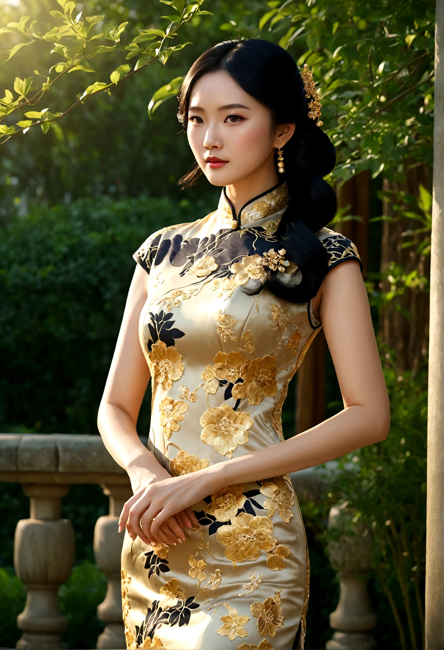 1girl, Cheongsam, Qipao, A woman wearing a beautiful gold cheongsam, long black hair, elegant, graceful pose, detailed facial features, glowing skin, ornate jewelry, outdoor garden setting, sunlight filtering through trees, lush greenery, intricate floral patterns, cinematic lighting, highly detailed, 8k, masterpiece, best quality, very aesthetic, absurdres