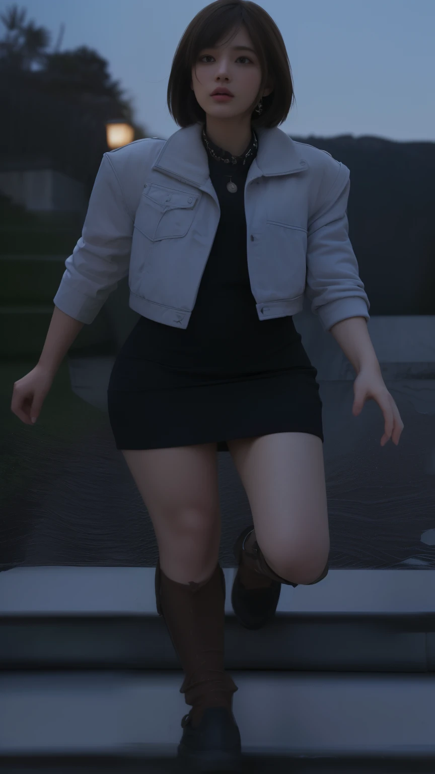 Arafa woman in short dress and jacket walking down a flight of stairs, hyper-detailed full-body photo, soft little details, cinematic detail, close up to a skinny, in clothes! highy detailed, realistic clothing, cinematic clothing photo, Slender girl, hints of yayoi kasuma, detailed clothing, high texture detail), 2b, 2b