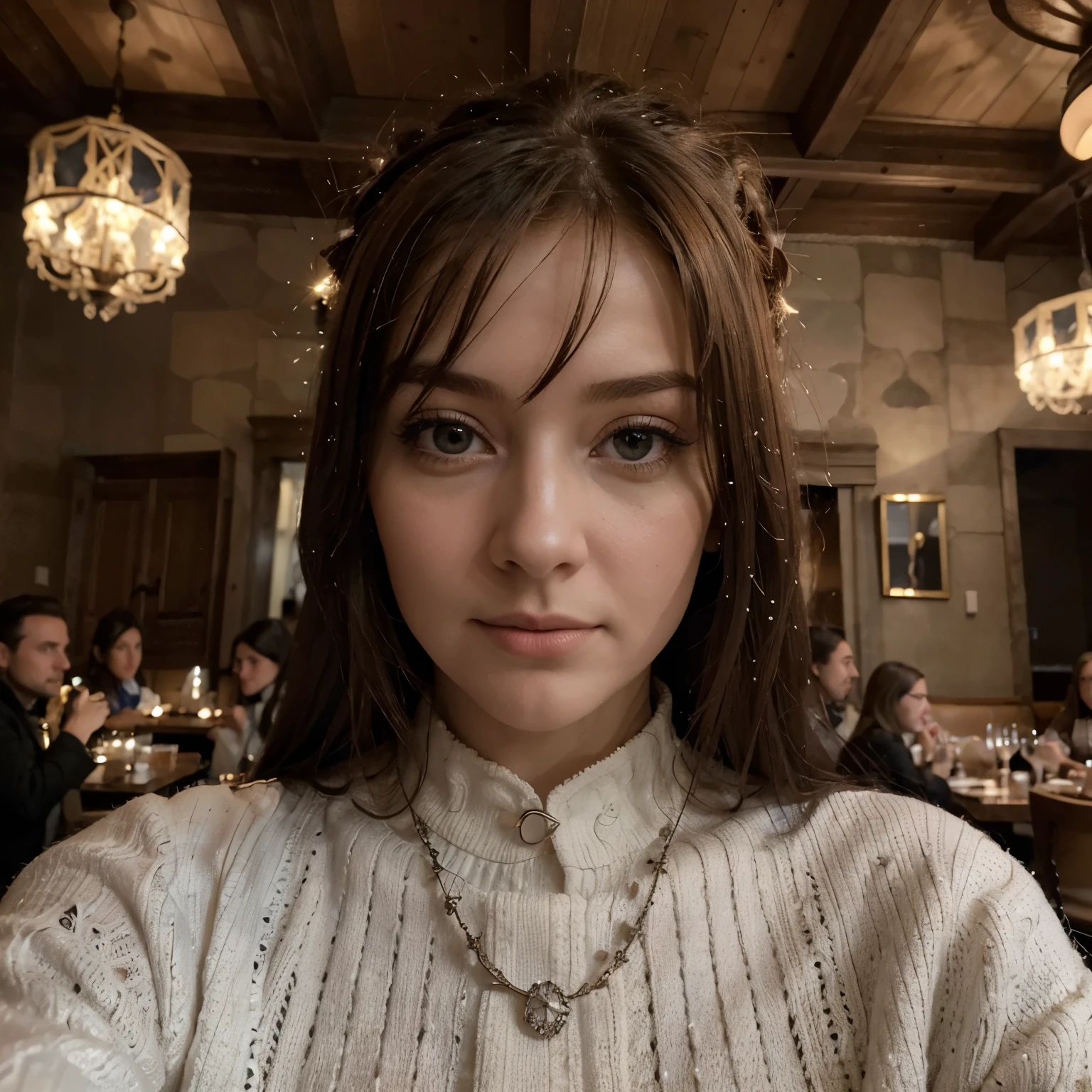 (8 mille, Rohphoto, la plus haute qualité), belle fille, snowing, mince, at the top of the mountain, dans le restaurant, Selfie, Lentille Grand angle, eating, people in the background, (detailed eyes:0.8), Trotz512, (la plus haute qualité), (best shade), intricate details, interior, russet hair:1.3