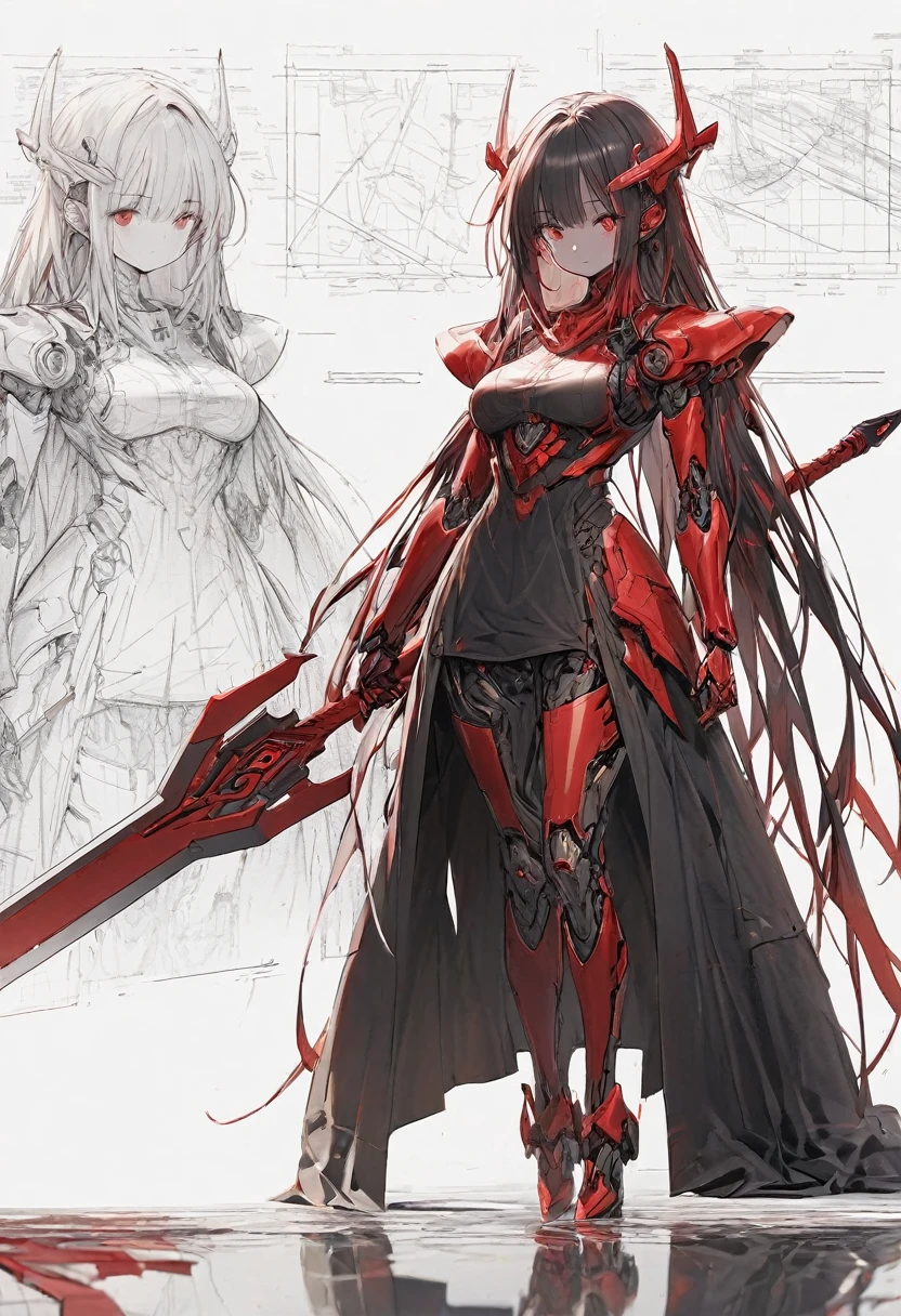 engineering drawing, thin line pen drawing, dark, futuristic silhouette of red dragon cyborg girl, full body, long flowing coat, holding giant greatsword with mechanical gimmick blade, standing on reflective surface against minimalist light grey background