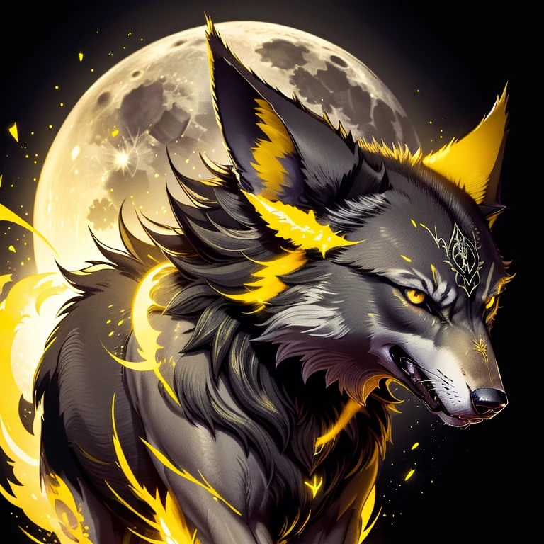 (1 wolf) a yellow eyed black wolf, a winged four ears black wolf with light halos, yellow energy around, full moon background
