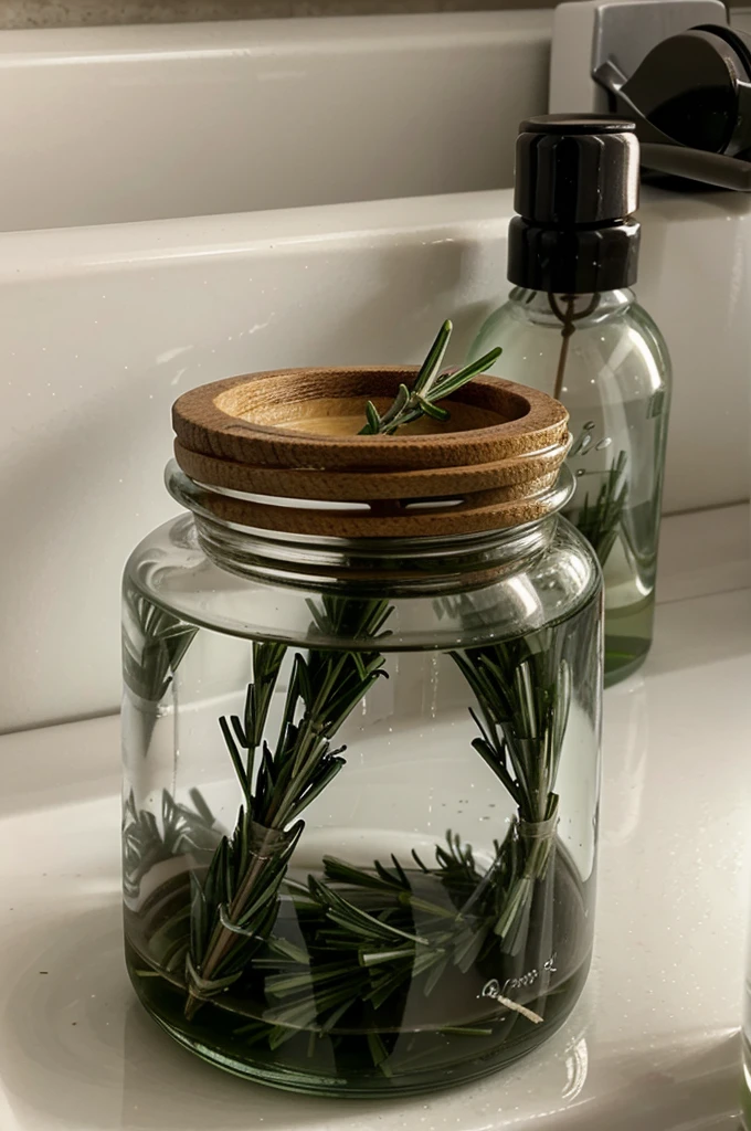 image of Rosemary leaf's in a glass bottle full of rosemary oil on a bathroom sink