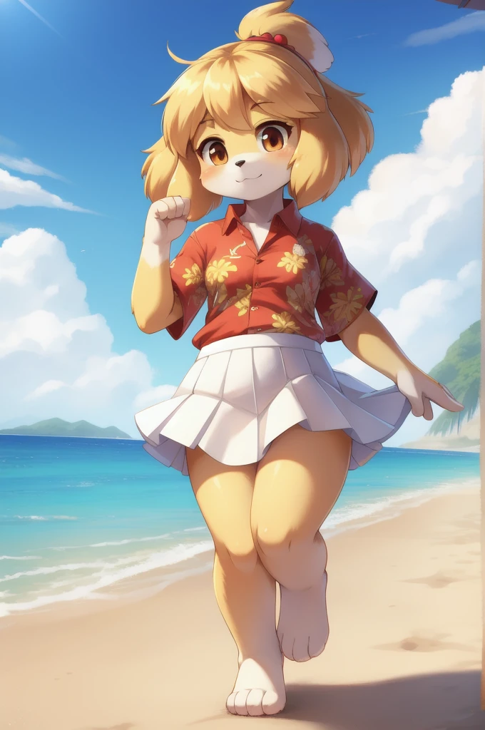 Furry girl, Isabelle, brown eyes, yellow body fur, white body fur, black nose, yellow hair, spread bangs, full body, detailed body fur, detailed body, detailed eyes, glistering body, shiny body, gorgeous body, masterpiece, small breasts, feets whit three toes, ((red hawaiian shirt, white skirt)), beach, clear sky, tiny body, short body,