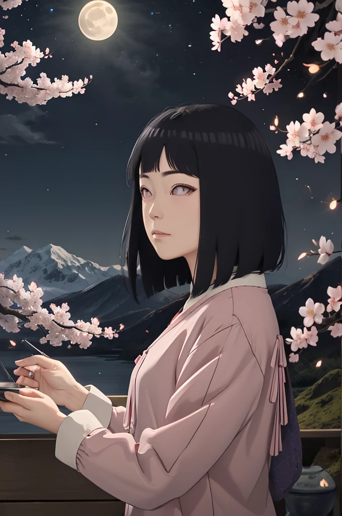 masterpiece, best quality, night, mountain, full moon, long black hair, woman, firefly, stars, mysterious cherry blossom tree, pink leaves, high quality, beautiful graphics, high detail