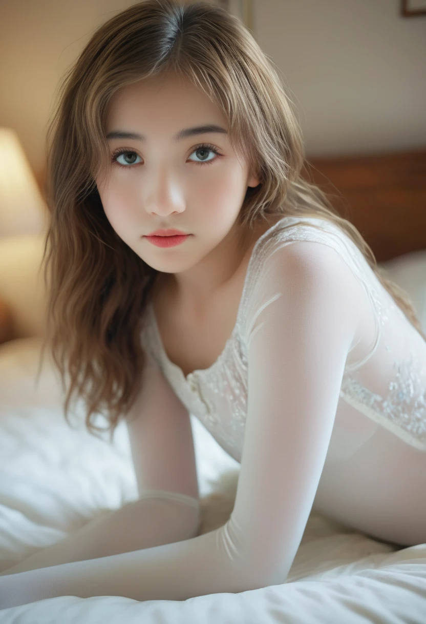 A pretty young woman photo, solo, , masterpiece, best quality, depth of field, bokeh, ultra realistic, photorealistic, RAW photography, extremely high resolution, amazingly high detailed eyes and face, adorable, ray tracing, spreaded legs towards camera , wears white tights and white skirt, no underwear, while seated on the bed, small, , cute, shy, wet, full body, sexy, , innocent, naked, show pussy