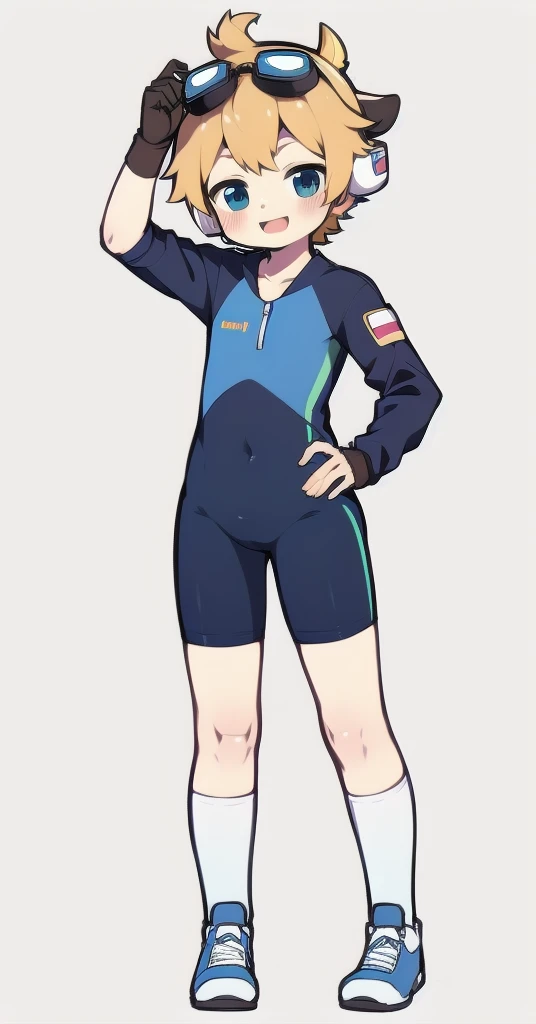 Second dimension boy teenager,One-piece mountaineering suit,horn,Cow ears,Put the headphones on your head,stand up,goggles,sports shoes,Slim,White knee socks,Short sleeve shorts,Leg ring,cute,happy