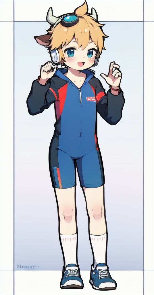 Second dimension boy teenager,One-piece mountaineering suit,horn,Cow ears,Put the headphones on your head,stand up,goggles,sports shoes,Slim,White knee socks,Short sleeve shorts,Leg ring,cute,happy