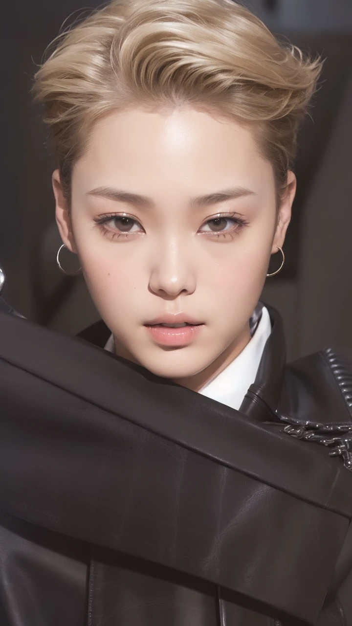 (princess carry:1.5), (masterpiece), (cowboy shot), A realistic photograph of (2 women), she has very short bowl cut hair, she is wearing  (luxury black horsehide pants) and (luxury black horsehide jacket), (the woman is satisfied), dark theme,  (looking at viewer), in a dark bedroom at night,  