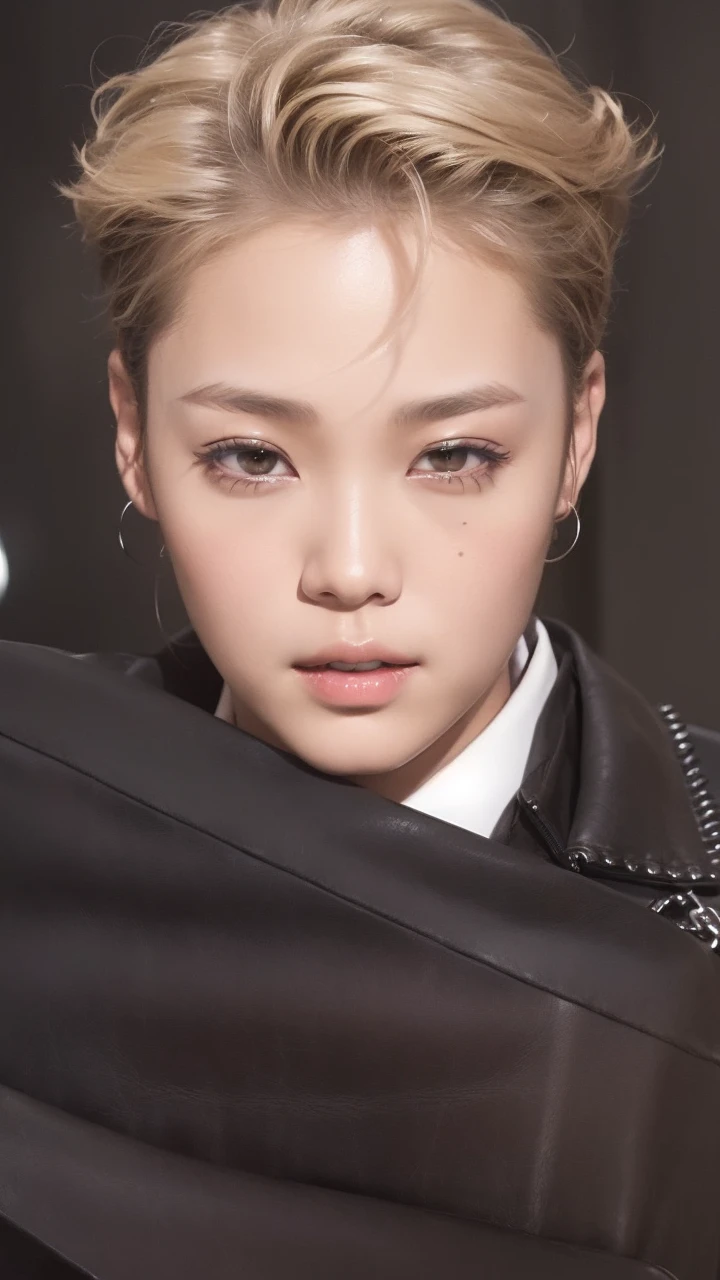 (princess carry:1.5), (masterpiece), (cowboy shot), A realistic photograph of (2 women), she has very short bowl cut hair, she is wearing  (luxury black horsehide pants) and (luxury black horsehide jacket), (the woman is satisfied), dark theme,  (looking at viewer), in a dark bedroom at night,  