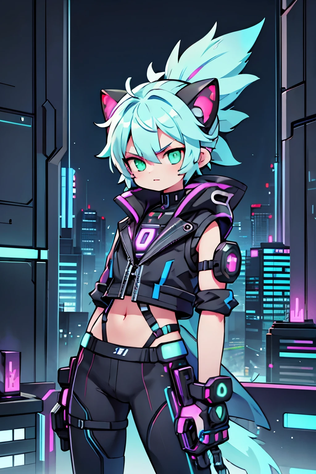 cyberpunk cat:

Description: A gray cat with green cybernetic eyes and a neon blue mohawk. He is wearing a black vest with glowing circuitry and has a bionic tail..
picture details: futuristic city in the background, with skyscrapers illuminated by neon lights. The cat is on top of a roof, looking down with a heroic pose.